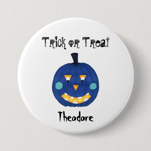 Blue Pumpkin Jack O Lantern Trick or Treat Name 3 Inch Round Button