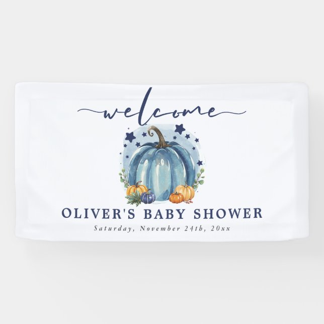 Blue Pumpkin On His Way Boy Baby Shower Welcome Banner (Horizontal)