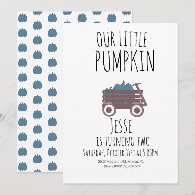 Blue Pumpkin Patch Halloween Pumpkins Wagon Invitation (Front/Back)