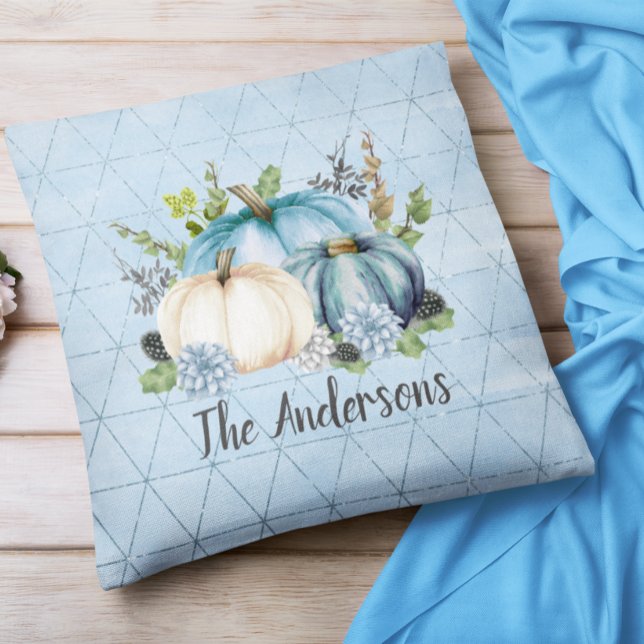 Blue Pumpkin Patch Monogram Family name Throw Pillow (Creator Uploaded)