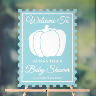 Blue Pumpkin Postage Stamp Baby Shower Welcome Acrylic Sign