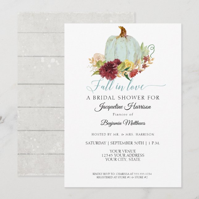 Blue Pumpkin Rustic Burgundy Floral Bridal Shower Invitation (Front/Back)