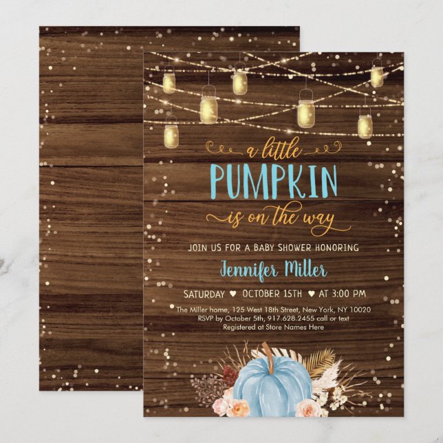 Blue Pumpkin Rustic String Lights Baby Shower Invitation (Front/Back)