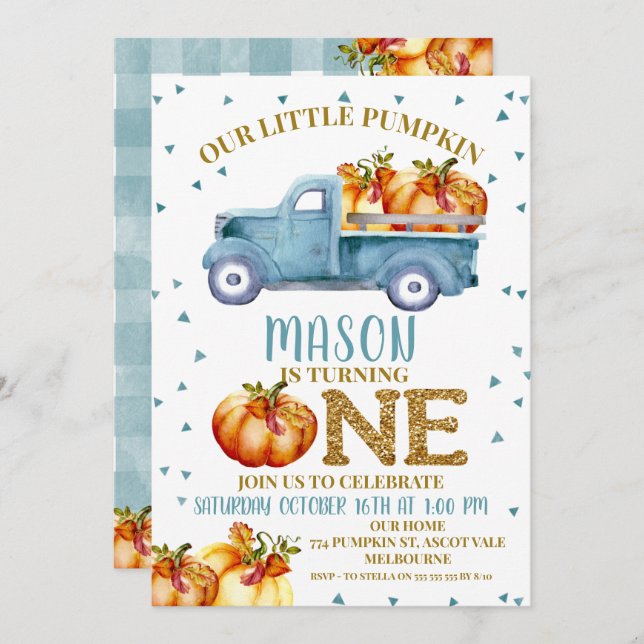 Blue Pumpkin Truck 1st Birthday Invitation (Front/Back)