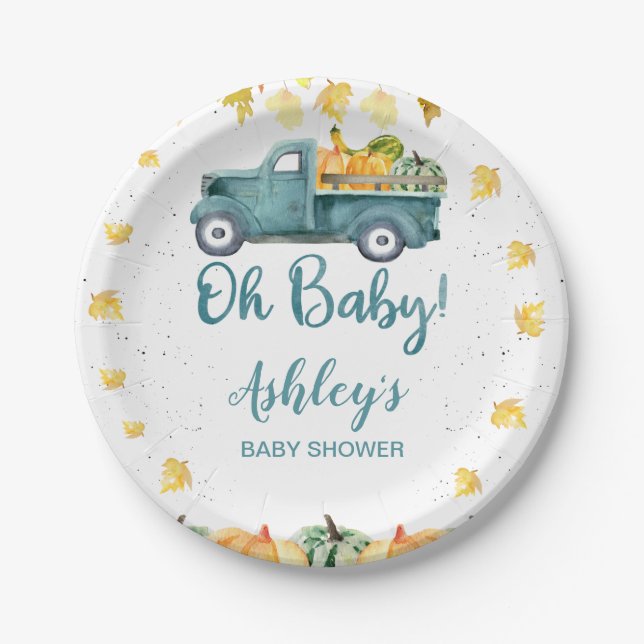Blue Pumpkin Truck Autumn Leaves Baby Shower  Paper Plate (Front)