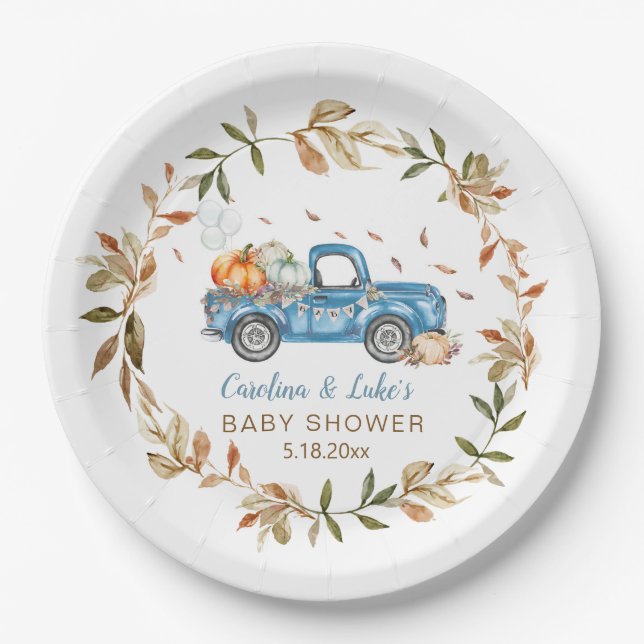 Blue Pumpkin Truck Baby Shower Party Paper Plates (Front)
