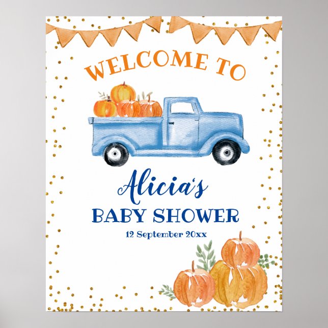 Blue pumpkin truck Baby Shower welcome sign (Front)