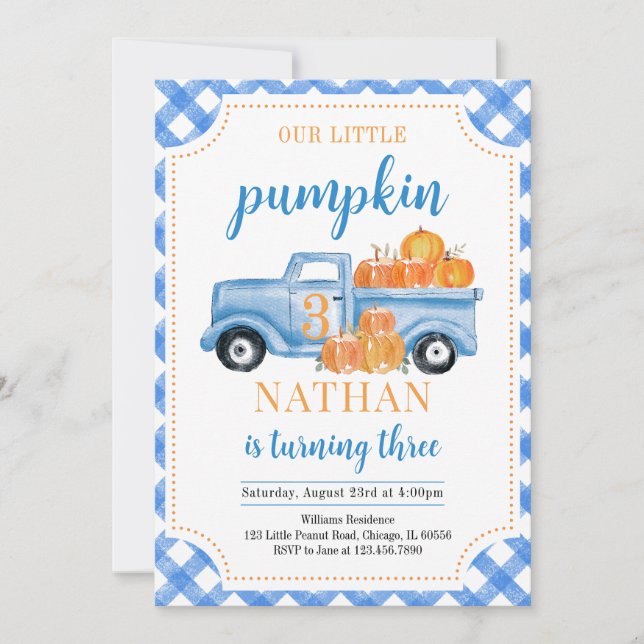 Blue Pumpkin Truck Birthday Invitation (Front)