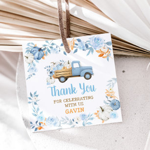 Blue Pumpkin Truck Fall Birthday Square Favour Tags