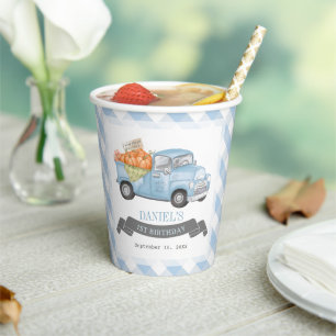 Blue Pumpkin Truck Gingham Boy 1st Birthday Paper Cups