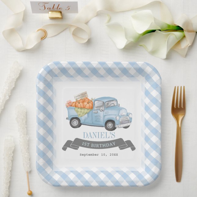 Blue Pumpkin Truck Gingham Boy 1st Birthday Paper Plate (Wedding)
