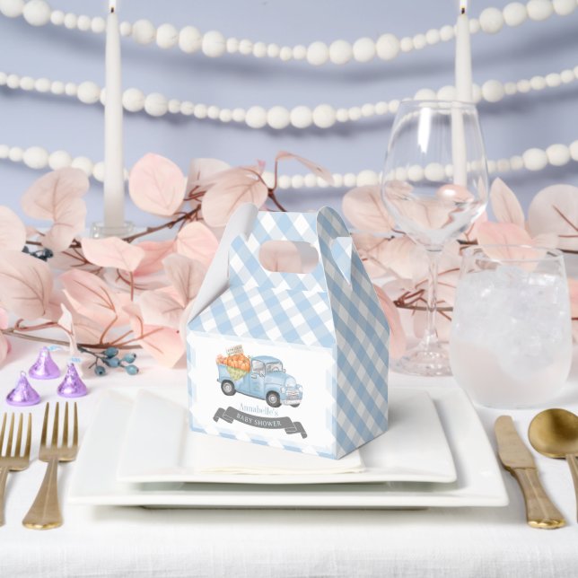 Blue Pumpkin Truck Gingham Boy Baby Shower Favor Box (Wedding)