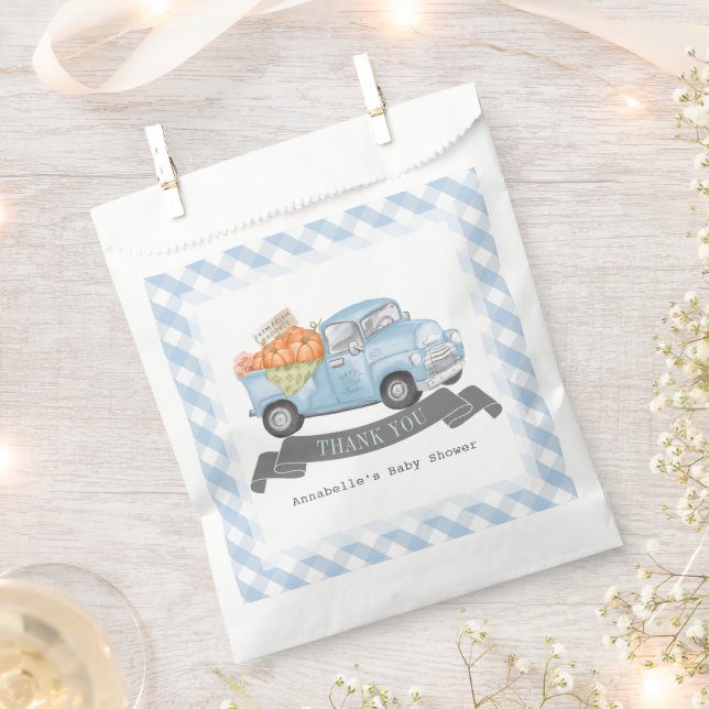 Blue Pumpkin Truck Gingham Boy Baby Shower Favour Bag (Clipped)