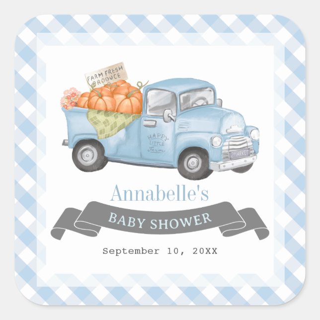 Blue Pumpkin Truck Gingham Boy Baby Shower Square Sticker (Front)