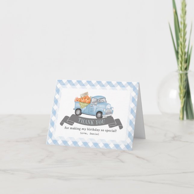 Blue Pumpkin Truck Gingham Boy Birthday Thank You Card (Front)