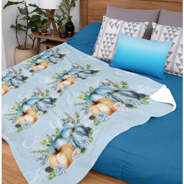 Blue Pumpkin Watercolor Autumn Pretty Ornate Fleece Blanket (Creator Uploaded)