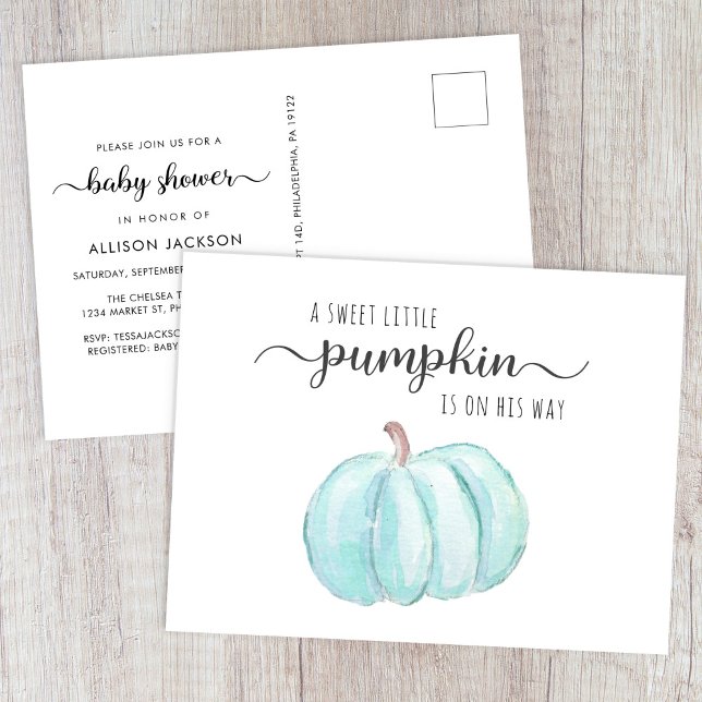 Blue Pumpkin Watercolor Baby Boy Shower Invitation Postcard (Creator Uploaded)