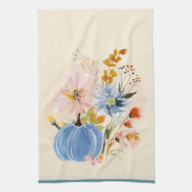 Blue Pumpkin & Wildflower Watercolor | Fall Floral Kitchen Towel (Vertical)