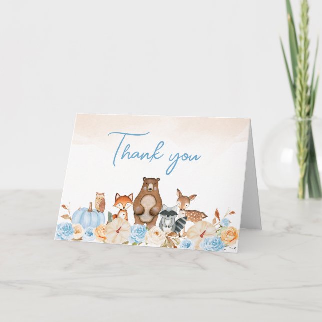 Blue Pumpkin Woodland Baby Shower Thank You Card (Front)