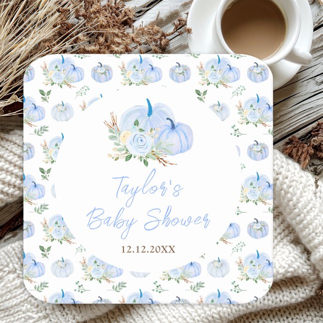 Blue Pumpkins Floral Baby Shower Square Paper Coaster (Creator Uploaded)