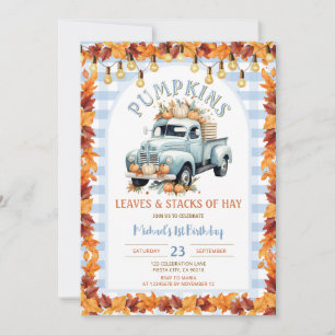 Blue Pumpkins Leaves and Stacks of Hay Birthday Invitation