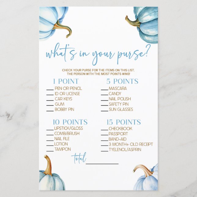 Blue Pumpkins What's In Purse Baby Shower Game (Front)