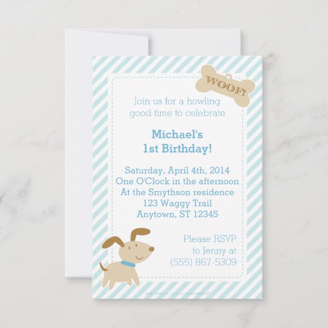 Blue Puppy Dog Invitation with Stripes and Dots (Front)