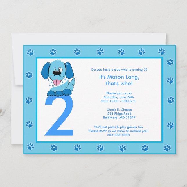 BLUE PUPPY Paw Print 5x7 Birthday Invitation (Front)