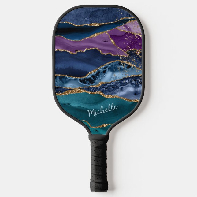 Blue Purple Abstract Gold Glitter Monogram Pickleball Paddle (Front)