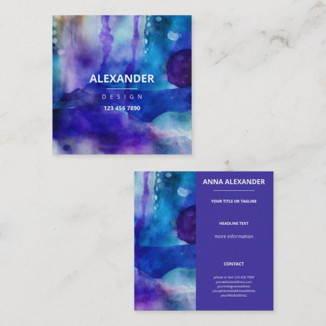 Blue Purple Abstract Watercolor Square Business Card (Front/Back)