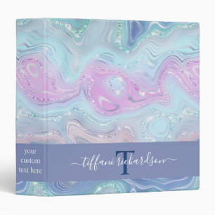 Blue Purple Agate Geode Monogram Script Name Binder