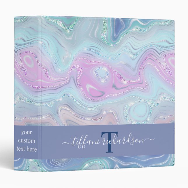 Blue Purple Agate Geode Monogram Script Name Binder (Front/Spine)