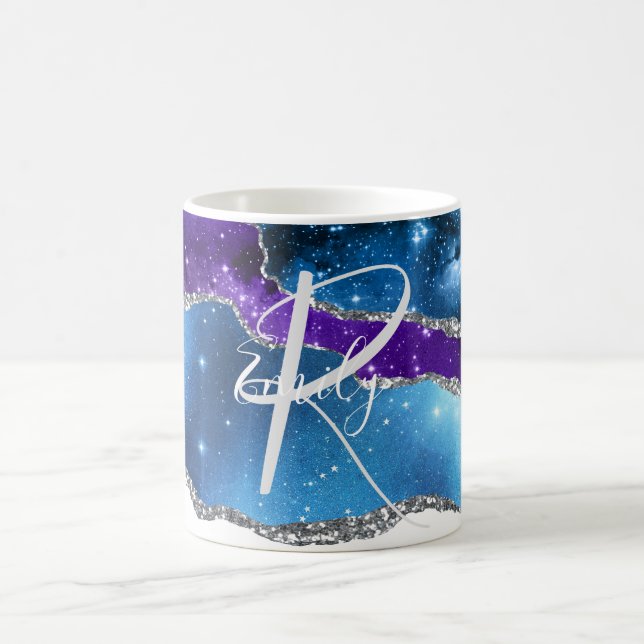  Blue & Purple Agate Marble Abstract Name Monogram Coffee Mug (Center)