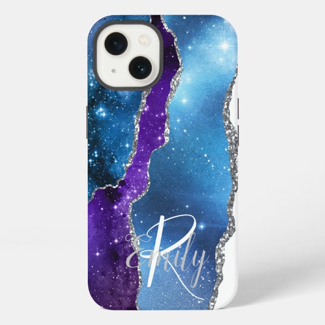 Blue Purple Agate Marble Abstract Name Monogram iPhone Case (Back)