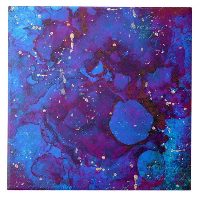 Blue purple alcohol ink with faux golden splashes tile (Front)