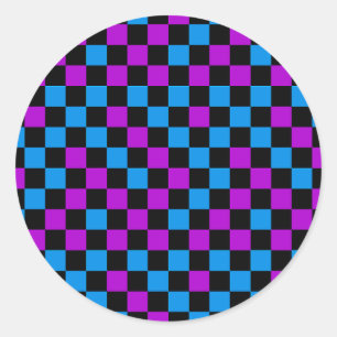 Blue Purple And Black Chequered Pattern Classic Round Sticker