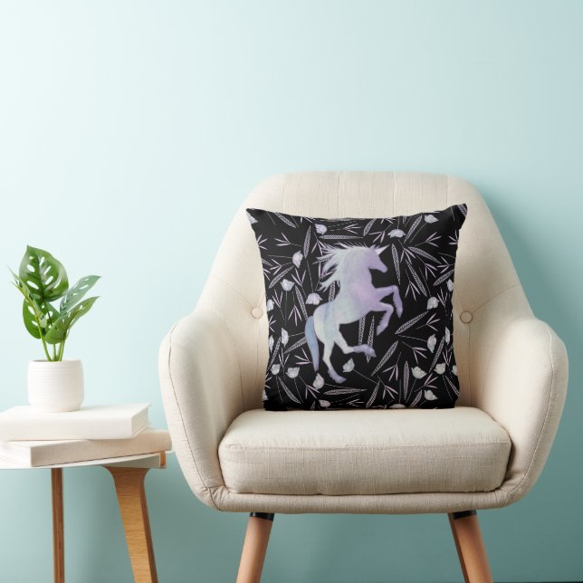 Blue Purple and Black Unicorn & Floral Pattern Throw Pillow (Chair)