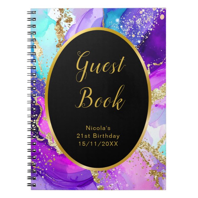 Blue, Purple and Gold Birthday Party Guest Book (Front)