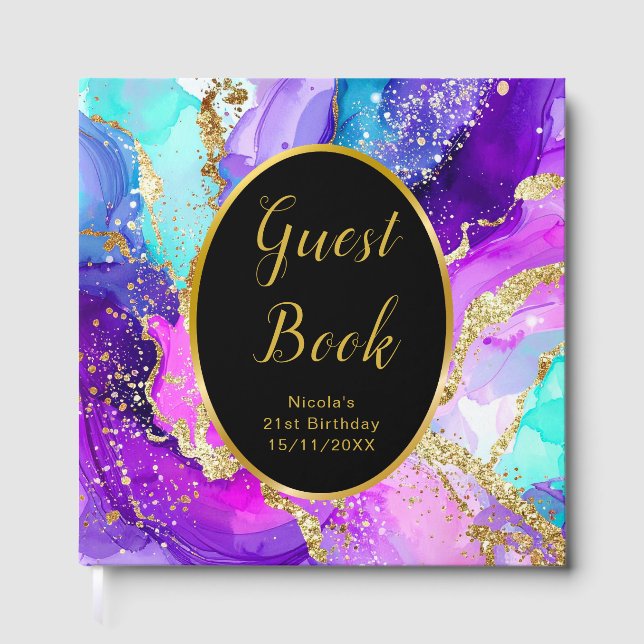 Blue, Purple and Gold Ink Birthday Party Guest Book (Front)