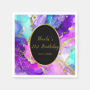 Blue, Purple and Gold Ink Birthday Party Napkin