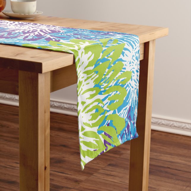Blue, Purple and Lime Green Mums Short Table Runner (In Situ)