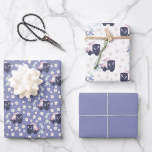 Blue, Purple and White Bunny Rabbits Easter Wrapping Paper Sheet