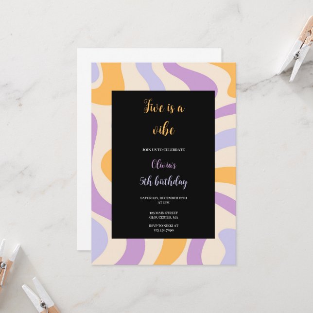 blue,purple and yellow groovy birthday invitation (Front/Back In Situ)