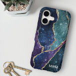 Blue Purple Aqua Gold Veins Agate Monogram<br><div class="desc">Protect your phone in style with this chic design featuring your monogram and colourful shades of blue, purple and aqua agate with metallic gold foil veins and sparkly stars.</div>