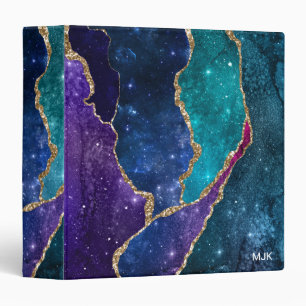 Blue Purple Aqua Gold Veins Agate Monogram Binder