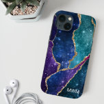 Blue Purple Aqua Gold Veins Agate Monogram iPhone 15 Case<br><div class="desc">Protect your phone in style with this chic design featuring your monogram and colourful shades of blue,  purple and aqua agate with metallic gold foil veins and sparkly stars.</div>
