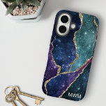 Blue Purple Aqua Gold Veins Agate Monogram iPhone 16 Case<br><div class="desc">Protect your phone in style with this chic design featuring your monogram and colourful shades of blue,  purple and aqua agate with metallic gold foil veins and sparkly stars.</div>