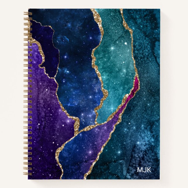 Blue Purple Aqua Gold Veins Agate Monogram Notebook (Front)