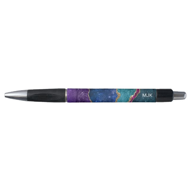 Blue Purple Aqua Gold Veins Agate Monogram Pen (Front)