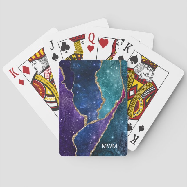Blue Purple Aqua Gold Veins Agate Monogram Playing Cards (Back)